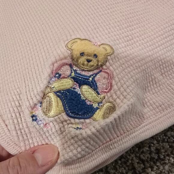Vintage Baby Girl BJT Blue Jean Teddy Pink Waffle Knit Blanket | 32 x 29 Inches - Picture 2 of 6